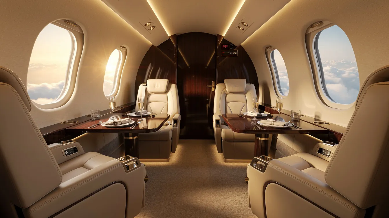 The image depicts the interior of a luxury private jet cabin featuring cream leather seats and polished wood accents, with large oval windows revealing fluffy clouds in the sky outside. This elegant aircraft offers a sophisticated flying experience, combining comfort and style for its passengers.