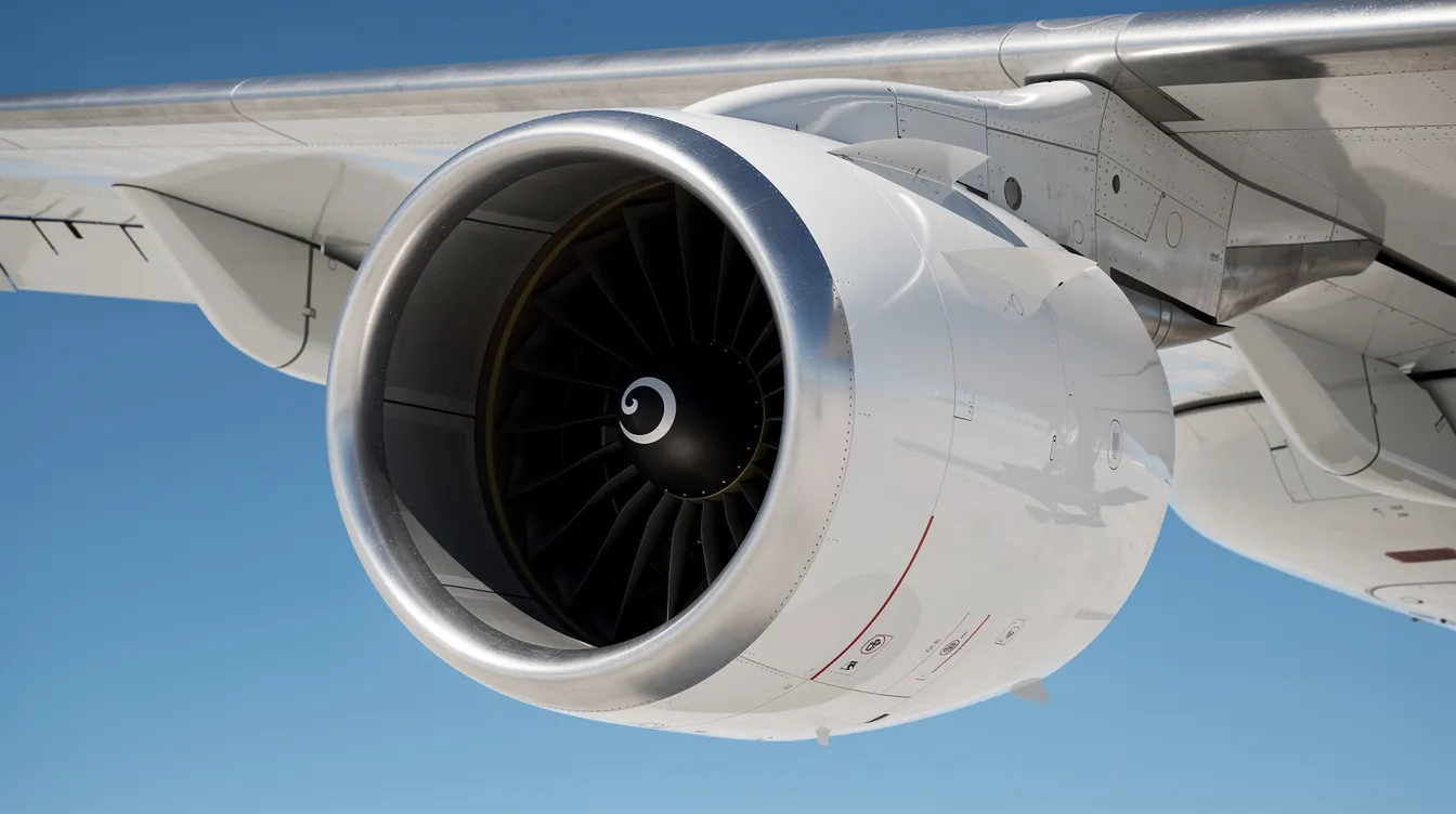 A close-up view of a modern high-bypass turbofan jet engine, specifically a CFM International LEAP 1B, is mounted under the wing of a Boeing 737 MAX against a clear blue sky, showcasing its advanced aerodynamics and fuel efficiency essential for commercial aviation. This powerful engine is designed to optimize fuel consumption and enhance the aircraft's maximum range for medium haul routes.