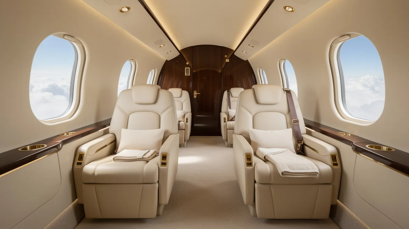 The image depicts the interior of a luxurious private jet cabin featuring cream leather seats and elegant wood trim, with large oval windows revealing a view of fluffy clouds outside. This sophisticated space exemplifies the comfort and style often sought in aviation, reminiscent of the advanced aerodynamics and fuel efficiency found in aircraft like the Boeing 737 Max.