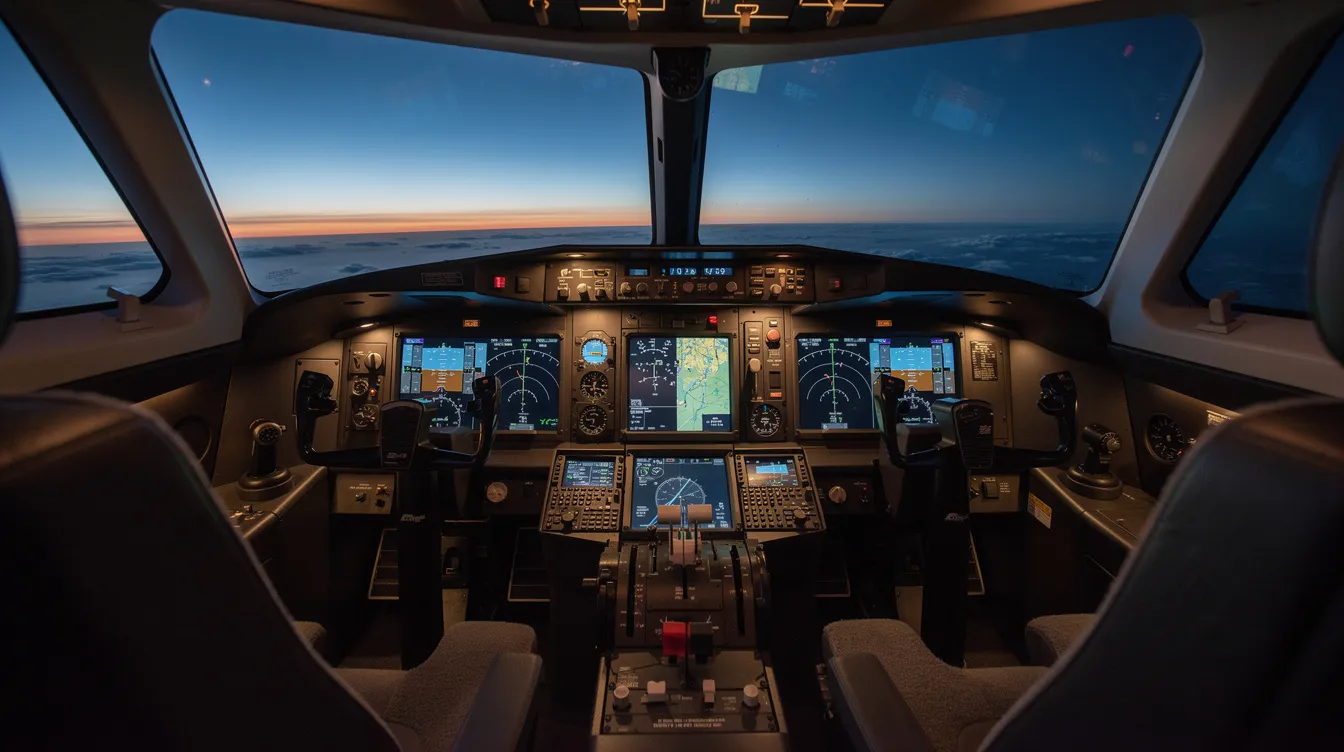 The image depicts a private jet cockpit at dusk, featuring illuminated instruments that provide a warm glow against the backdrop of a darkening sky and horizon. The sleek design of the cockpit, with its non-metallic walls and suspended ceiling, creates an atmosphere of luxury and precision in aviation.