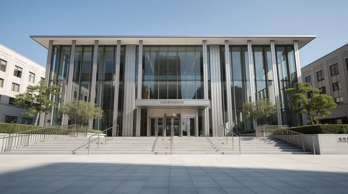 The image depicts a modern courthouse building featuring a striking glass facade and wide steps leading to its entrance. The design emphasizes a contemporary architectural style, showcasing non-metallic materials and clean lines that support the structure's aesthetic.