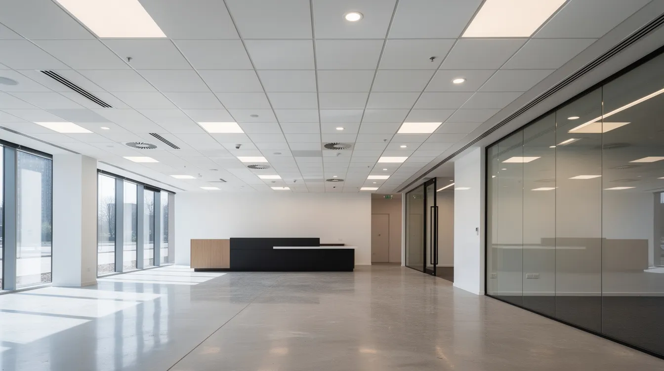 The image depicts a modern suspended ceiling featuring recessed lighting in a contemporary commercial space, showcasing a sleek design with drywall elements that enhance the overall aesthetic. The ceiling's non-metallic finish and strategic placement of lights create a bright and inviting atmosphere, ideal for various business environments.