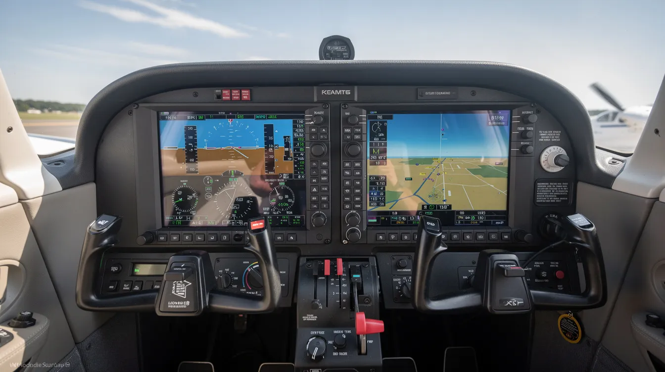 The image shows a modern glass cockpit instrument panel featuring digital screens inside a small aircraft cockpit, designed for enhanced avionics and pilot efficiency. This setup reflects the advanced technology found in models like the Cessna 172 Skyhawk, known for its reliability and performance in personal and training flights.