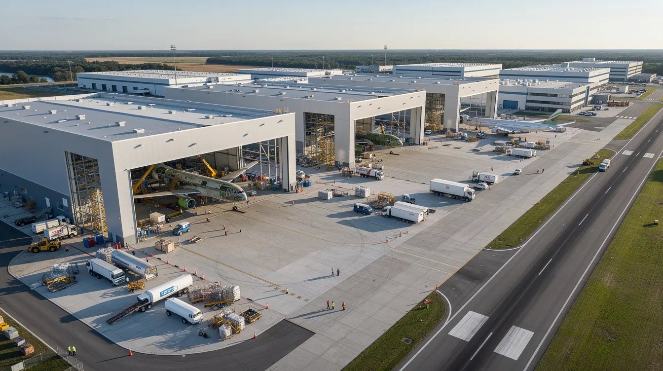 An aerial view of a Boeing aircraft manufacturing facility shows large hangars where partially assembled commercial airplanes, including models like the Boeing 737 Max, are visible, highlighting the company's production processes and the scale of operations in the airline industry. The scene reflects the ongoing demand for commercial aircraft and the complexities of supply chain management in aviation.