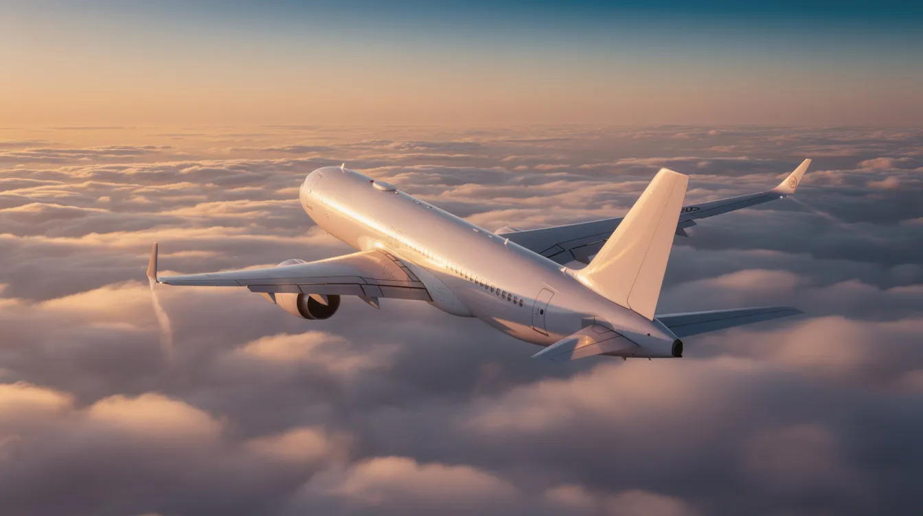 A widebody commercial jetliner, likely a Boeing model, soars above a sea of clouds during the golden hour, casting a warm glow on its fuselage. This scene captures the beauty of air travel and the impressive capabilities of commercial airplanes in the airline industry.