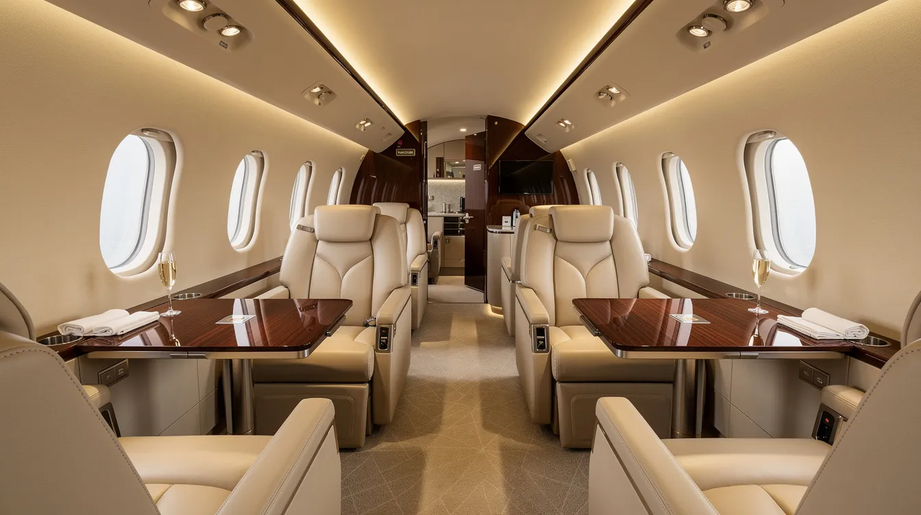 The image depicts the interior of a luxurious large-cabin private jet, featuring cream leather seats and warm ambient lighting, designed to provide comfort and elegance for discerning travelers. This opulent space exemplifies the high standards of private aviation, perfect for business travel or leisure flights.
