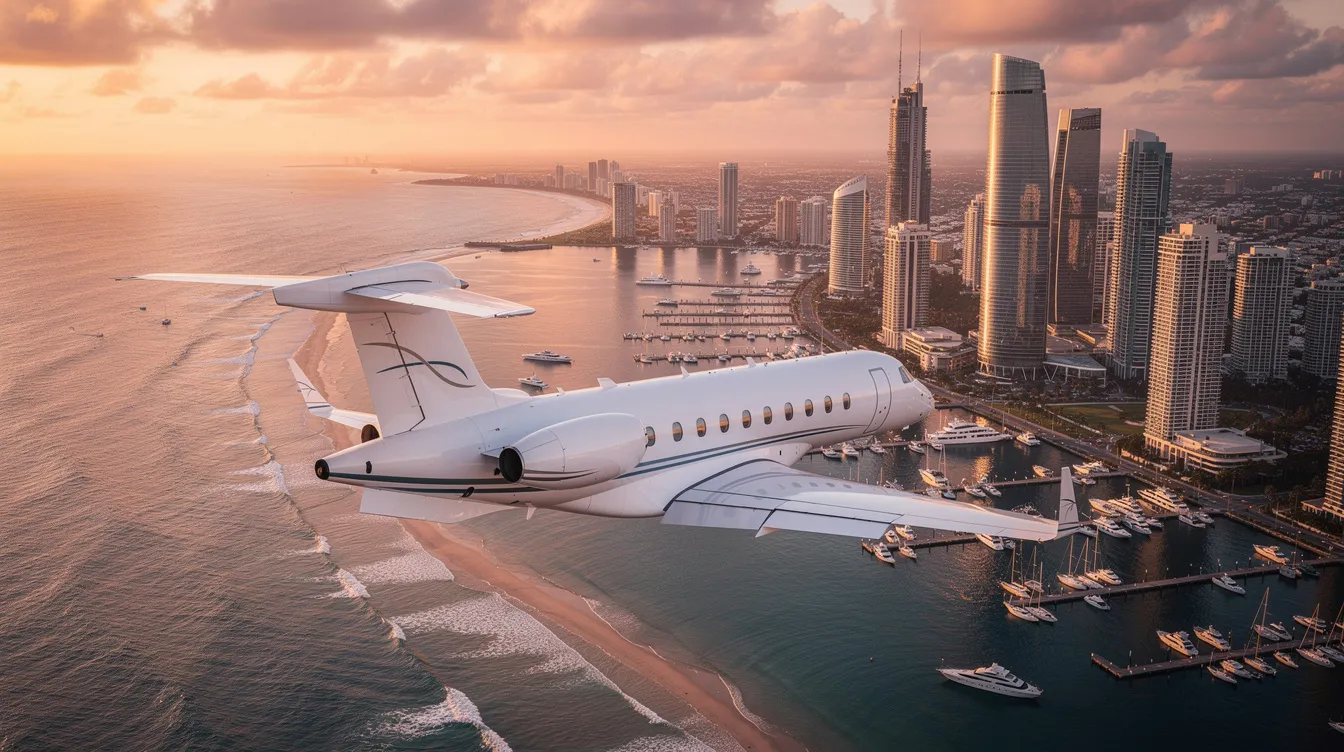An aerial view captures a private jet soaring over a coastal city during the golden hour, showcasing the vibrant hues of sunset reflecting off the water and buildings below. This image highlights the allure of private aviation, emphasizing the luxury and exclusivity of private jet travel for discerning travelers.