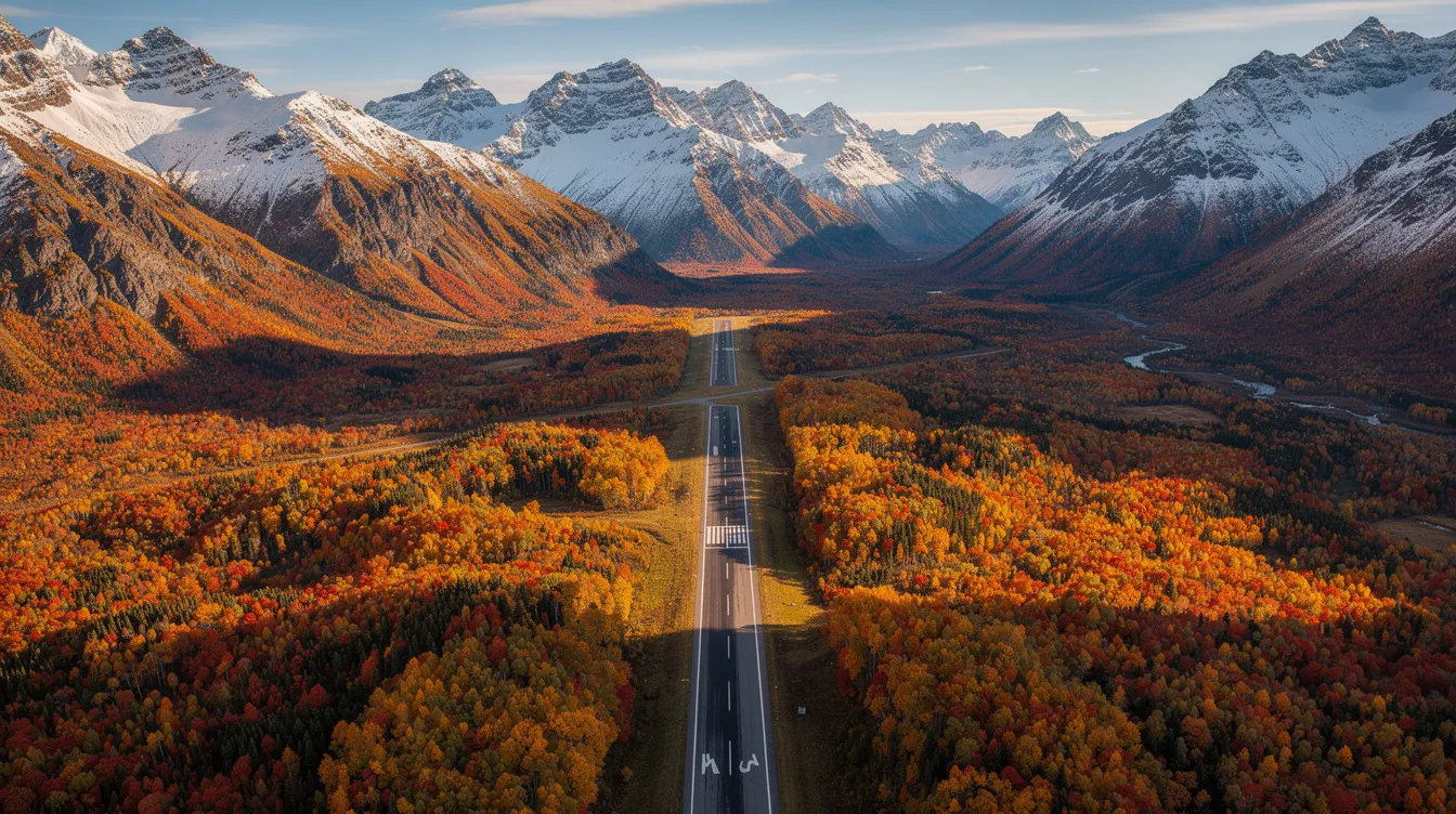 An aerial view captures a mountain runway nestled among vibrant fall foliage and towering snow-capped peaks, showcasing the serene beauty of private jet travel in an exclusive and picturesque setting. This scene highlights the appeal of private aviation for clients seeking unique travel experiences amidst stunning natural landscapes.