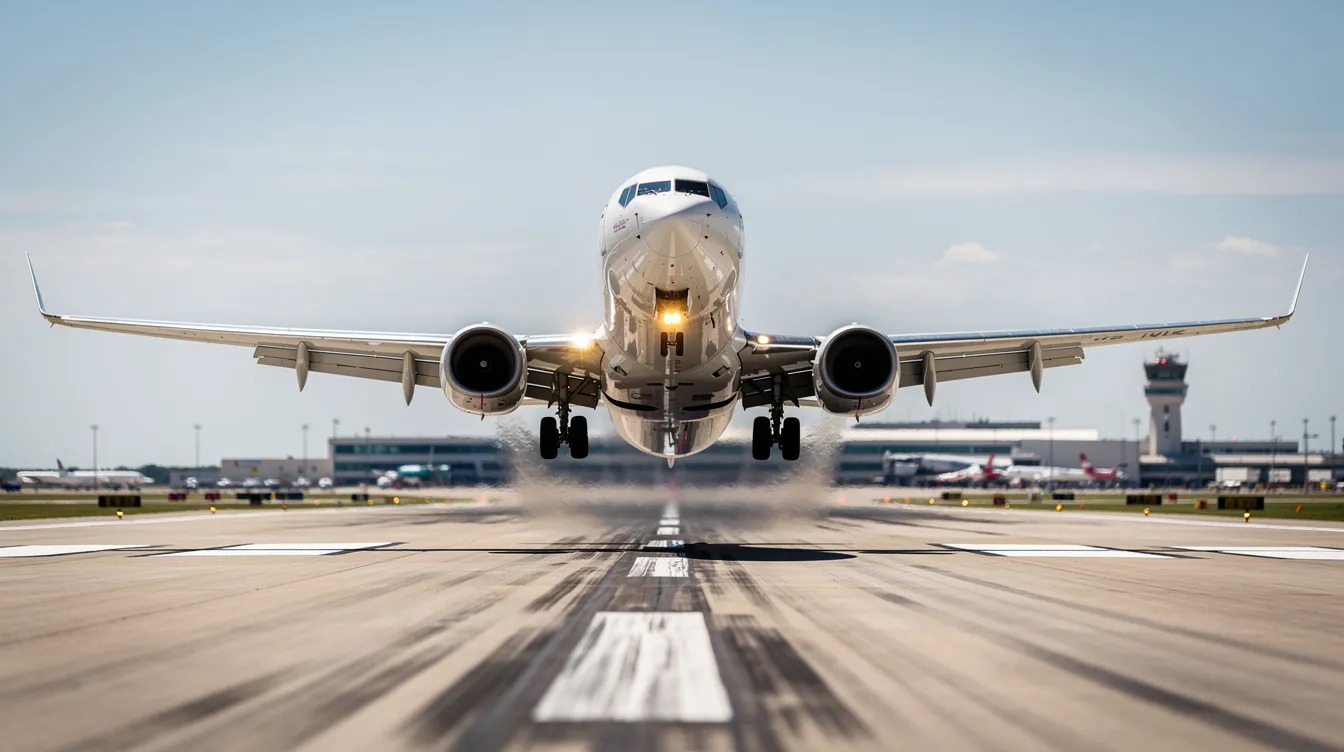 A Boeing 737 is seen accelerating down a long, paved runway during takeoff, with heat shimmer distorting the view of the tarmac on a hot summer day. The aircraft is operating at maximum takeoff weight, highlighting the importance of runway length and takeoff performance in aviation.