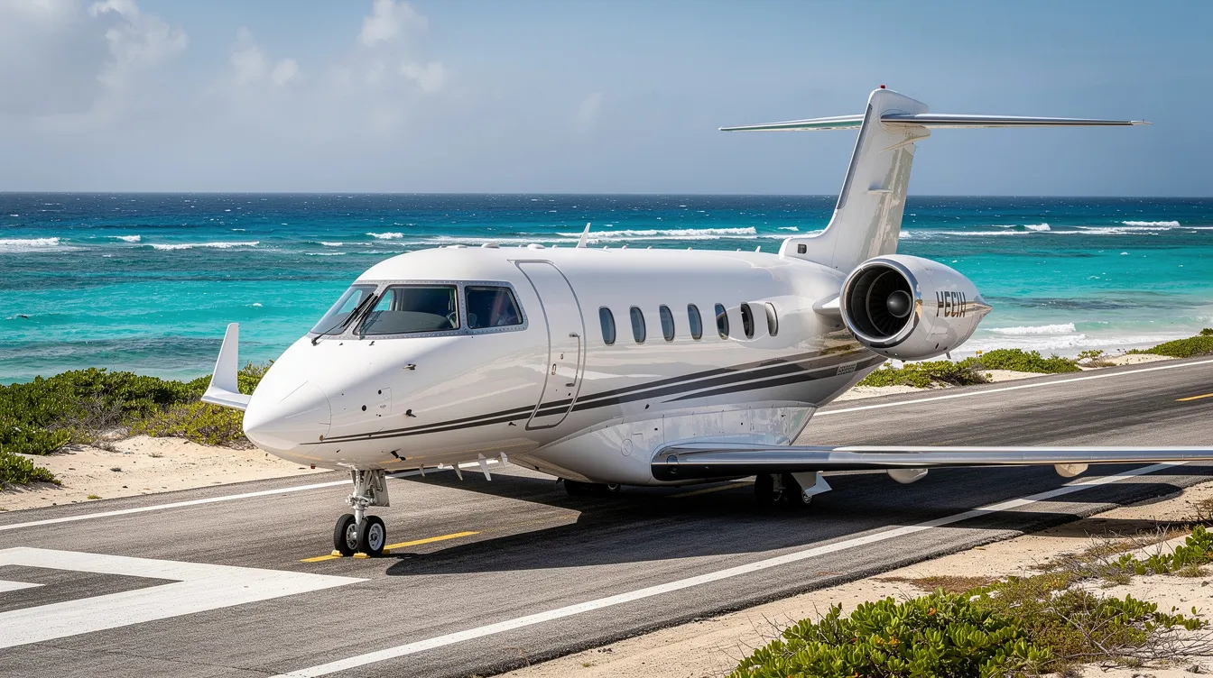 A sleek midsize business jet is parked on a short coastal runway, with the vibrant turquoise water of the ocean visible in the background. This setting highlights the typical runway requirements for private jet charters, emphasizing the importance of runway length and conditions for safe operations.