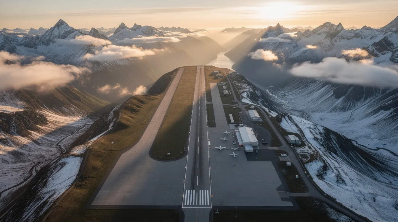 An aerial view showcases a high-elevation airport nestled among mountains, featuring a long, paved runway that stretches across a plateau. The image highlights the unique runway conditions and operational limits that aircraft, such as business jets and light aircraft, must consider due to the thinner air and high altitude.