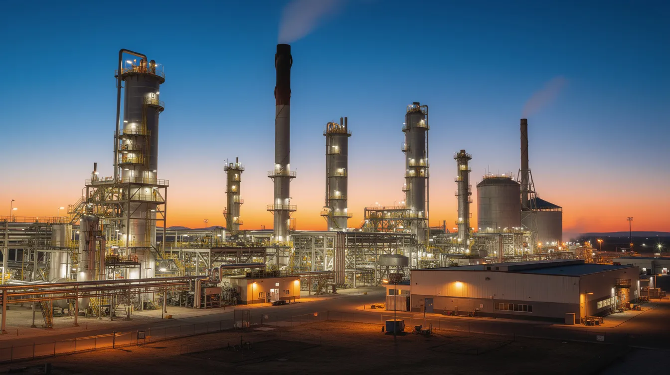 The image depicts an oil refinery complex at dusk, featuring illuminated distillation towers against a clear sky, symbolizing the production of various refined petroleum products, including jet fuel and aviation fuel. The glowing structures highlight the importance of fuel costs and the aviation industry, particularly in relation to sustainable aviation fuel and jet fuel prices.