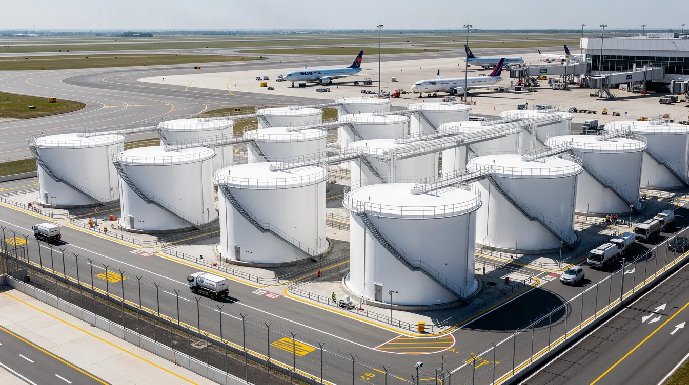 The image shows a large airport fuel storage facility featuring multiple cylindrical tanks, with tarmac and parked aircraft in the background. This facility is crucial for supplying jet fuel, a key component for aviation engines, and plays a significant role in managing aviation fuel costs.