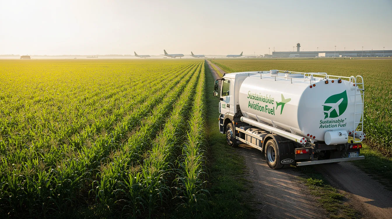 The image depicts a vibrant green field of crops adjacent to an aviation fuel tanker, representing the concept of sustainable aviation fuel sourcing. This visual symbolizes the potential for using biofuels in aviation, contributing to lower fuel prices and reduced carbon emissions in the aviation industry.