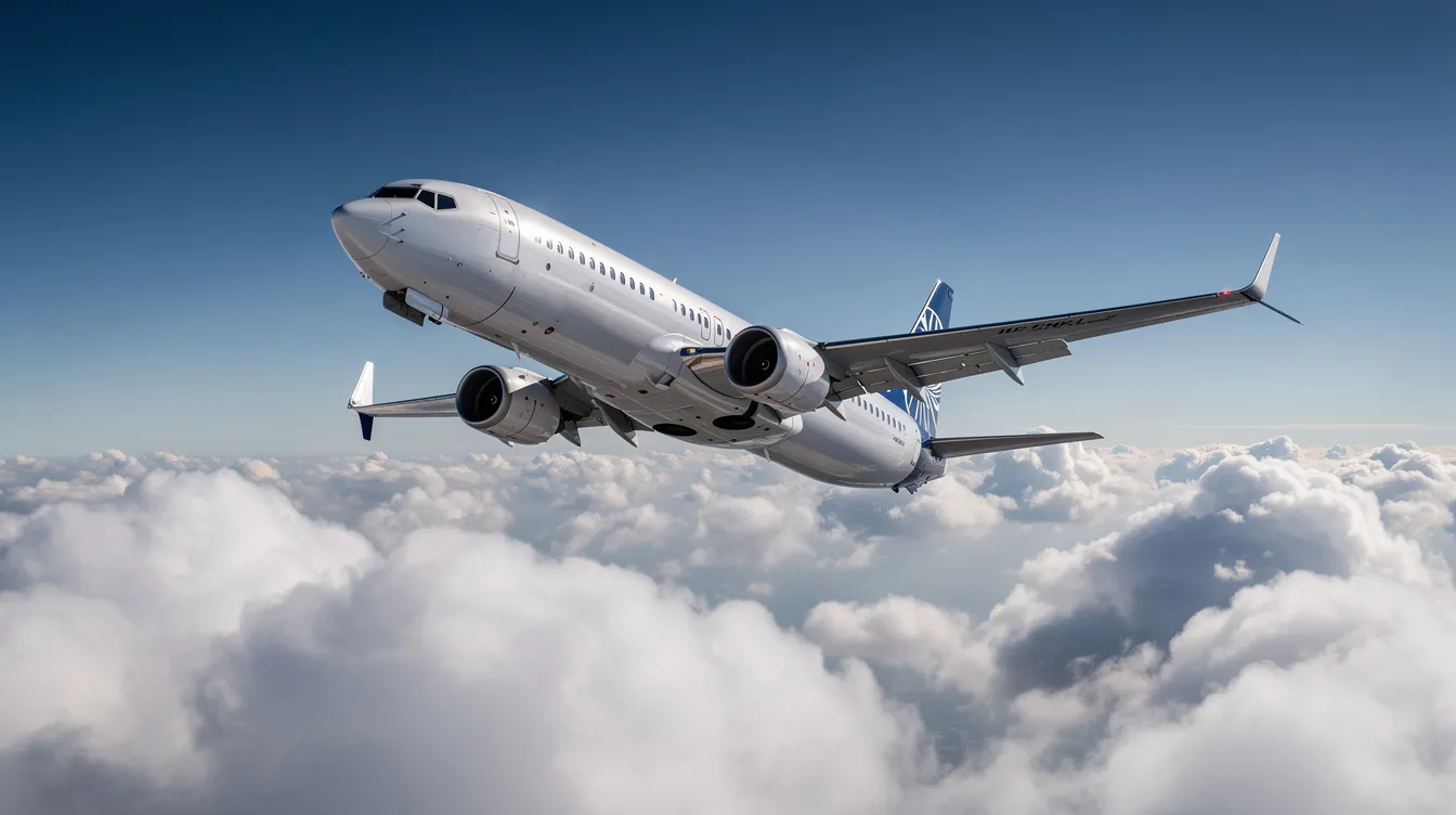 A Boeing 737 is climbing through a layer of scattered clouds, with sunlight reflecting off its fuselage, showcasing the aircraft's sleek design and fuel-efficient jet engines as it ascends towards its cruising altitude. The scene captures the essence of commercial flight, highlighting the advanced technology and optimal efficiency of this popular model.