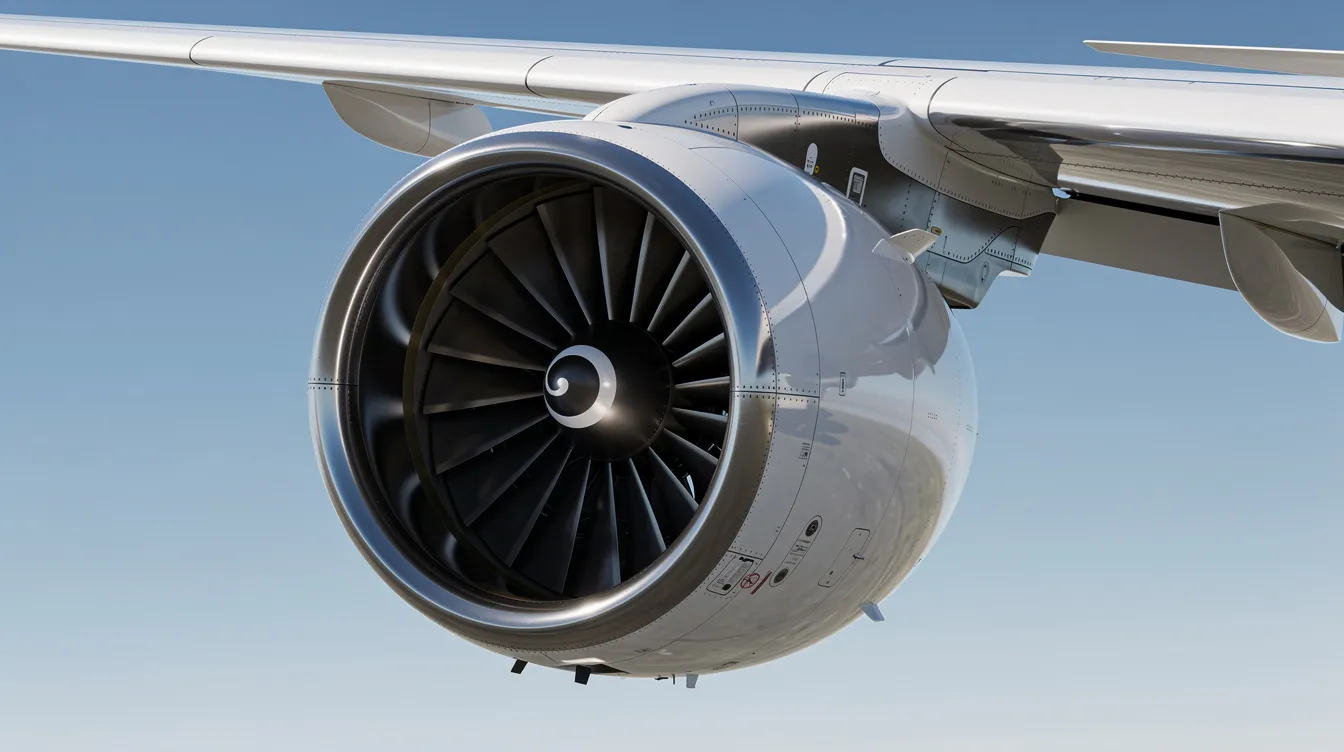A close-up view of a modern turbofan jet engine mounted under the wing of a commercial airplane against a clear sky, showcasing advanced technology designed for optimal fuel efficiency and performance at cruising altitudes. The image highlights the intricate details of the engine's design, which contributes to reduced fuel consumption during high altitude flight.