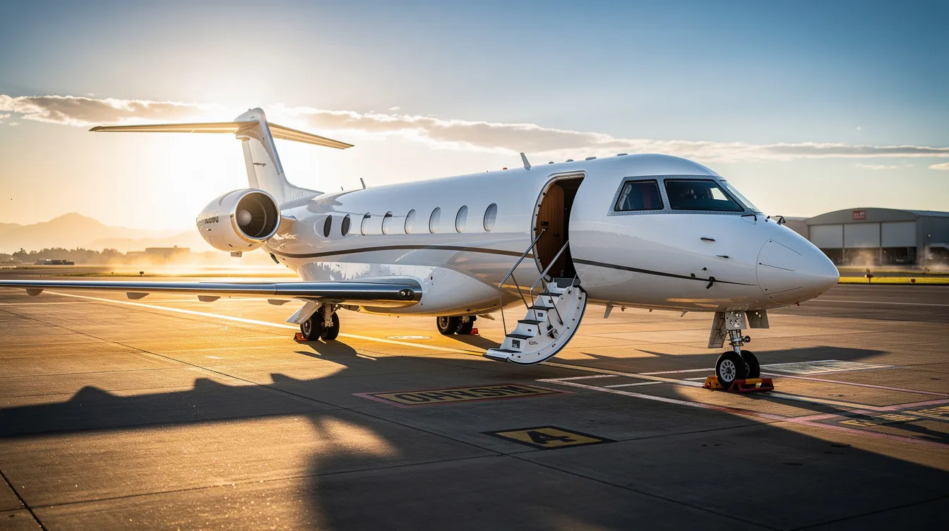 A private jet is parked on a sunlit tarmac, showcasing its open door and extended stairs, inviting passengers to board. This luxurious aircraft symbolizes the premium travel experience often associated with business class on airlines like United Airlines and American Airlines.