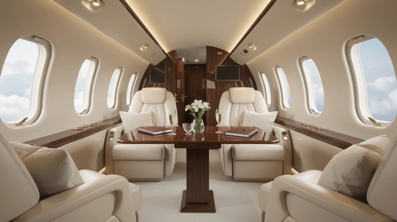 The image depicts the interior of a luxurious private jet cabin featuring cream leather seats and elegant wood-grain accents, offering a spacious and comfortable environment reminiscent of business class on premium airlines like United Airlines and American Airlines. The refined design emphasizes a high level of comfort and exclusivity, ideal for elite frequent flyers and international business class travelers.