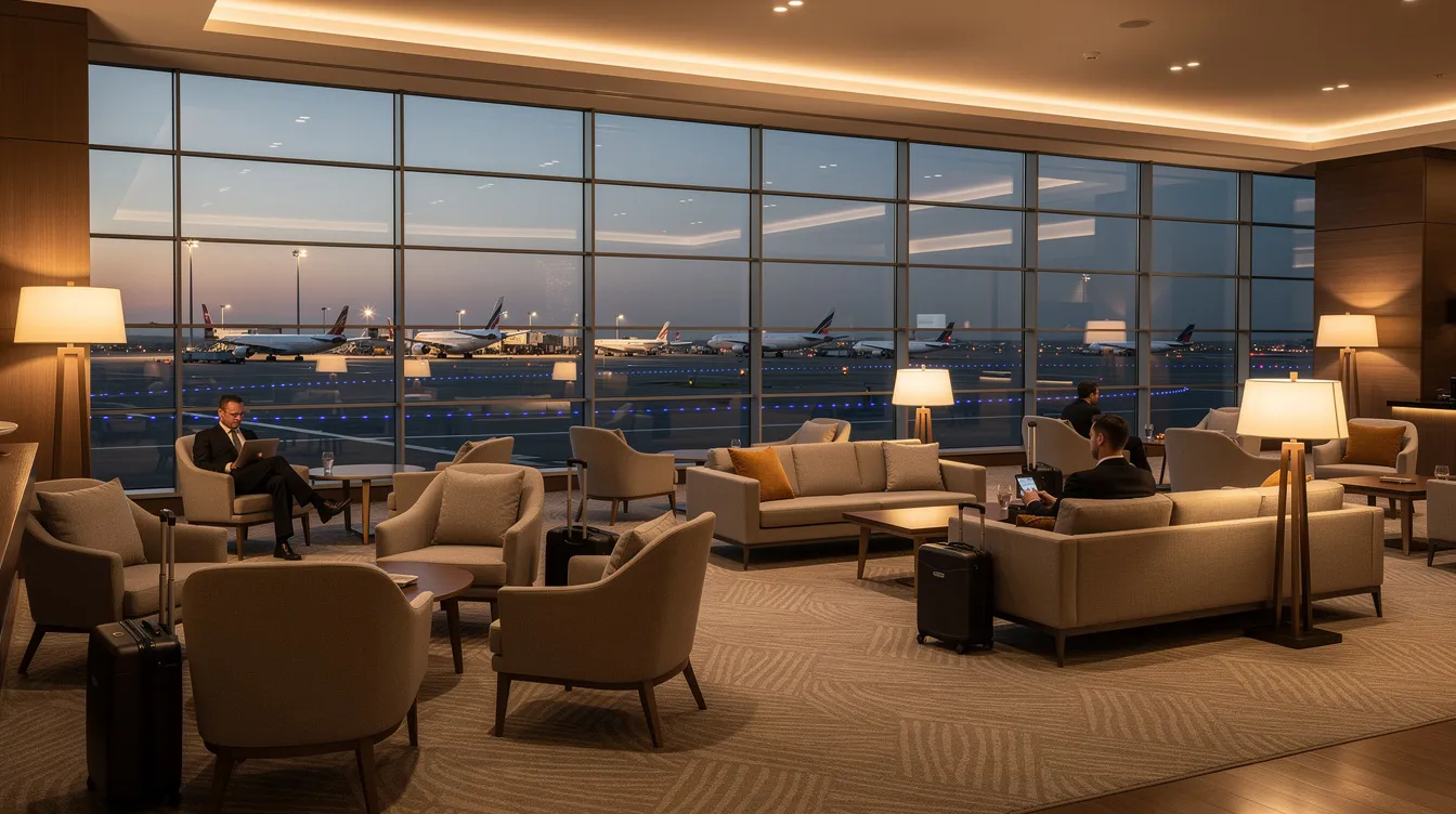 The image depicts an elegant airport lounge featuring ambient lighting and modern furniture, with floor-to-ceiling windows providing a view of the tarmac. This luxurious space is ideal for travelers flying business class or first class, offering a comfortable environment reminiscent of United Airlines' Polaris Lounge or American Airlines' Flagship Lounge.