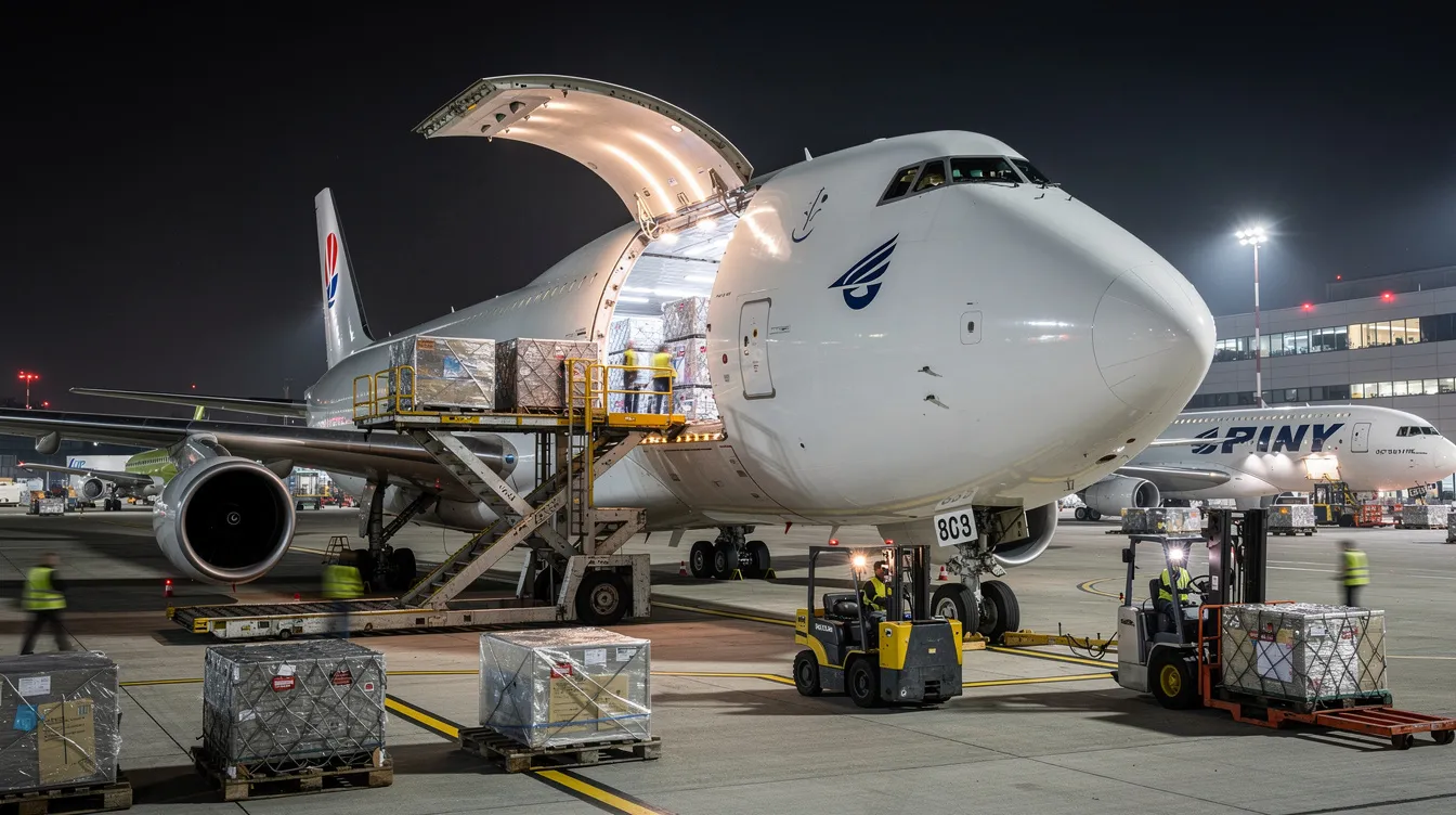 A large cargo freighter aircraft with its nose door open is being loaded with freight containers at a bustling cargo terminal, emphasizing its capacity for transporting goods. This scene illustrates the vital role of cargo planes in air travel and logistics, showcasing different aircraft types utilized for efficient transport.