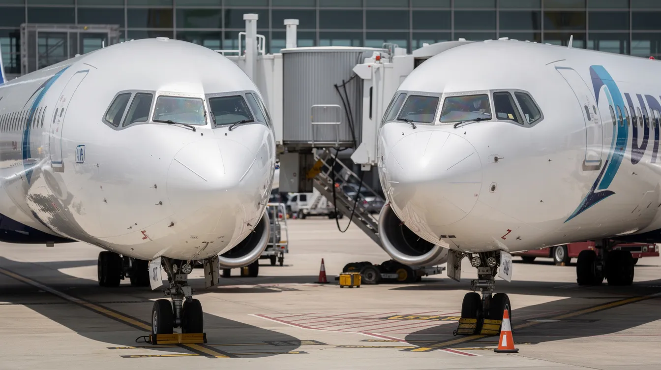 The image features a close-up view of two commercial airliners parked side by side at airport gates, highlighting the design differences between a pointed nose and a rounded nose on the fuselage. This comparison showcases common aircraft types, including models from Airbus and Boeing, emphasizing their unique features in aviation.