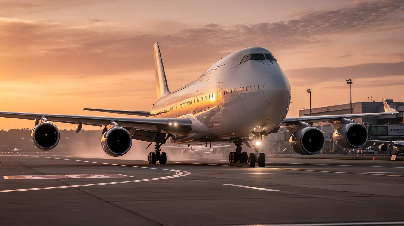 A large four-engine commercial airliner, resembling the Airbus A380 with its distinctive upper-deck hump, is taxiing on a wide airport runway at sunset, showcasing the beauty of air travel as it prepares for departure. The scene captures the essence of aviation, highlighting the aircraft's impressive design and capacity to carry passengers across the skies.