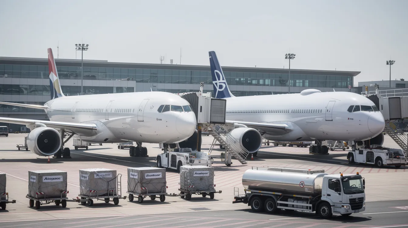 The image shows two wide-body aircraft parked at adjacent airport gates, one being a Boeing 747-8 passenger version with an extended upper deck, and the other a freighter variant, highlighting their different fuselage configurations. The scene illustrates the contrast between commercial service and cargo operations, showcasing the versatility of the Boeing 747 family in the aviation industry.