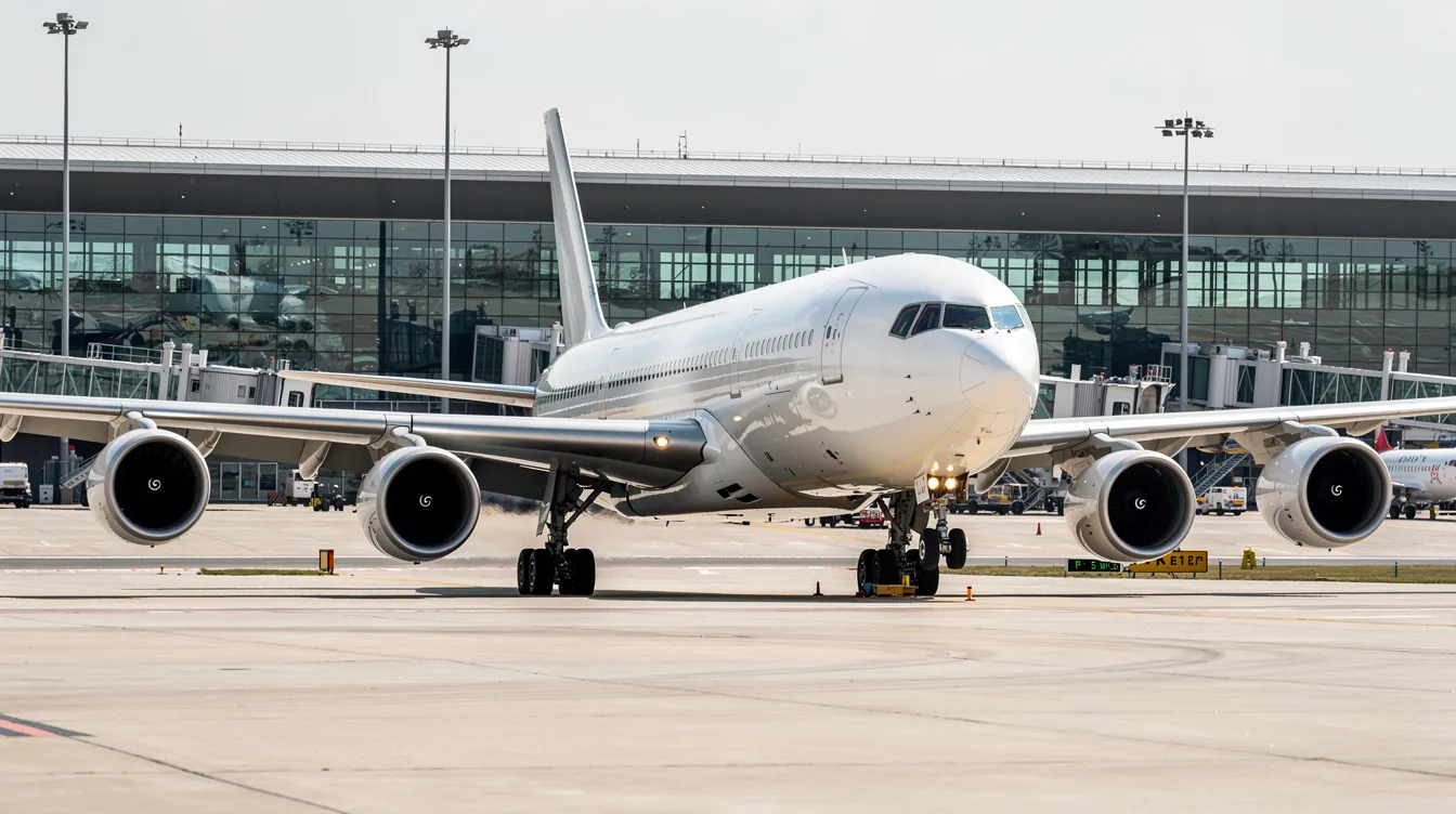 A large Boeing 747-8 aircraft with four turbofan engines is taxiing on a wide taxiway at a major international airport, with terminal buildings visible in the background. This commercial service aircraft, known for its extended upper deck and high passenger capacity, is designed for long-haul routes and improved fuel efficiency.