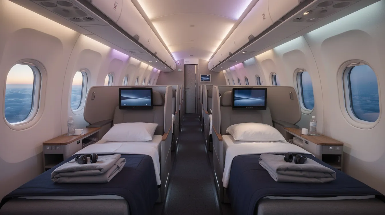 The image depicts the interior of a spacious business class cabin in a wide-body aircraft, showcasing lie-flat seats and ambient lighting designed for passenger comfort on long haul routes. This luxurious setting highlights the modern design and efficiency of the Boeing 747 8i, emphasizing its role in commercial service for passenger airlines.