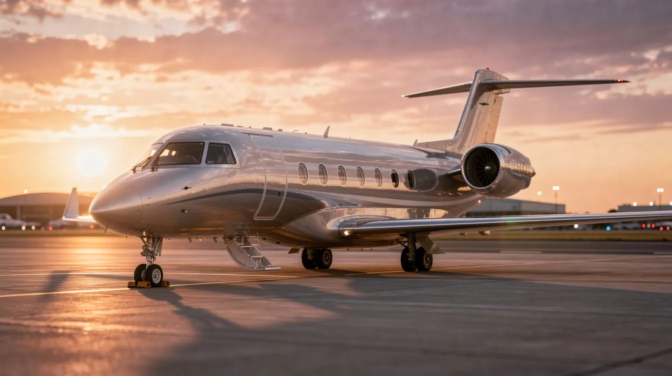 A sleek private jet, reflecting warm golden light from the sunset, is parked on a tarmac, showcasing its polished fuselage against the vibrant sky. The scene captures the elegance of aviation, reminiscent of the luxurious passenger variants like the Boeing 747 8i.