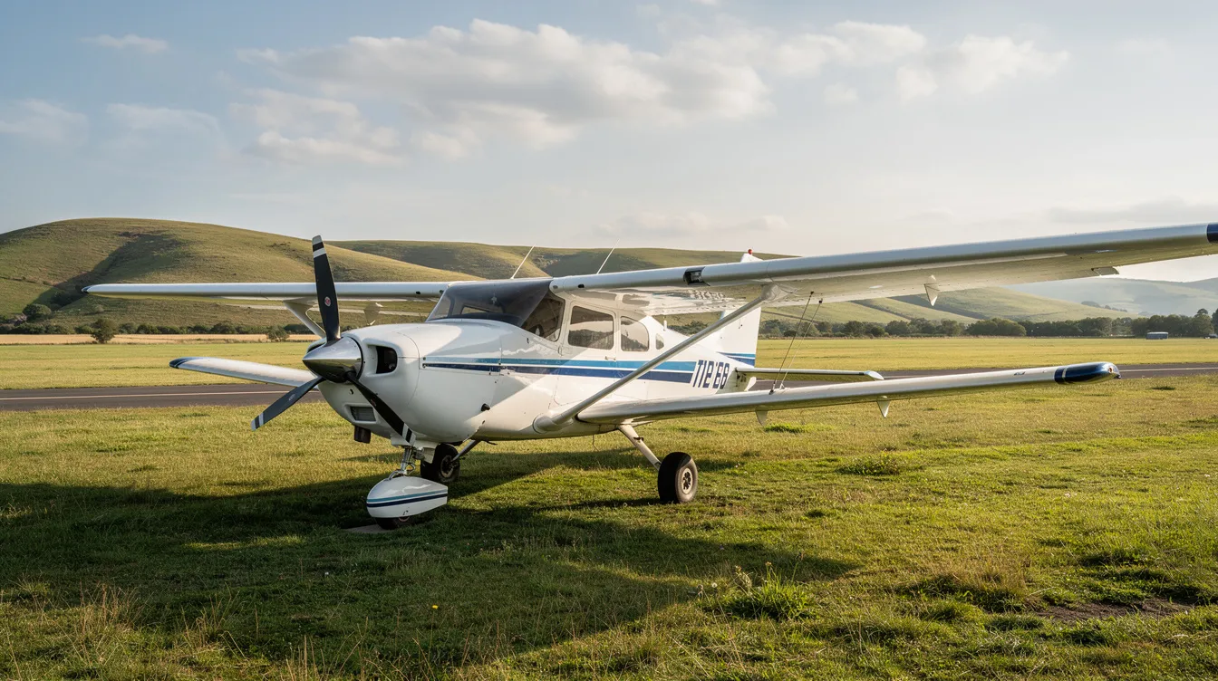 A small single-engine propeller aircraft is parked on a grassy airstrip, with its sleek fuselage and spinning propeller visible. Rolling hills in the background create a scenic backdrop, emphasizing the aircraft's role in general aviation and its efficient piston engine design.