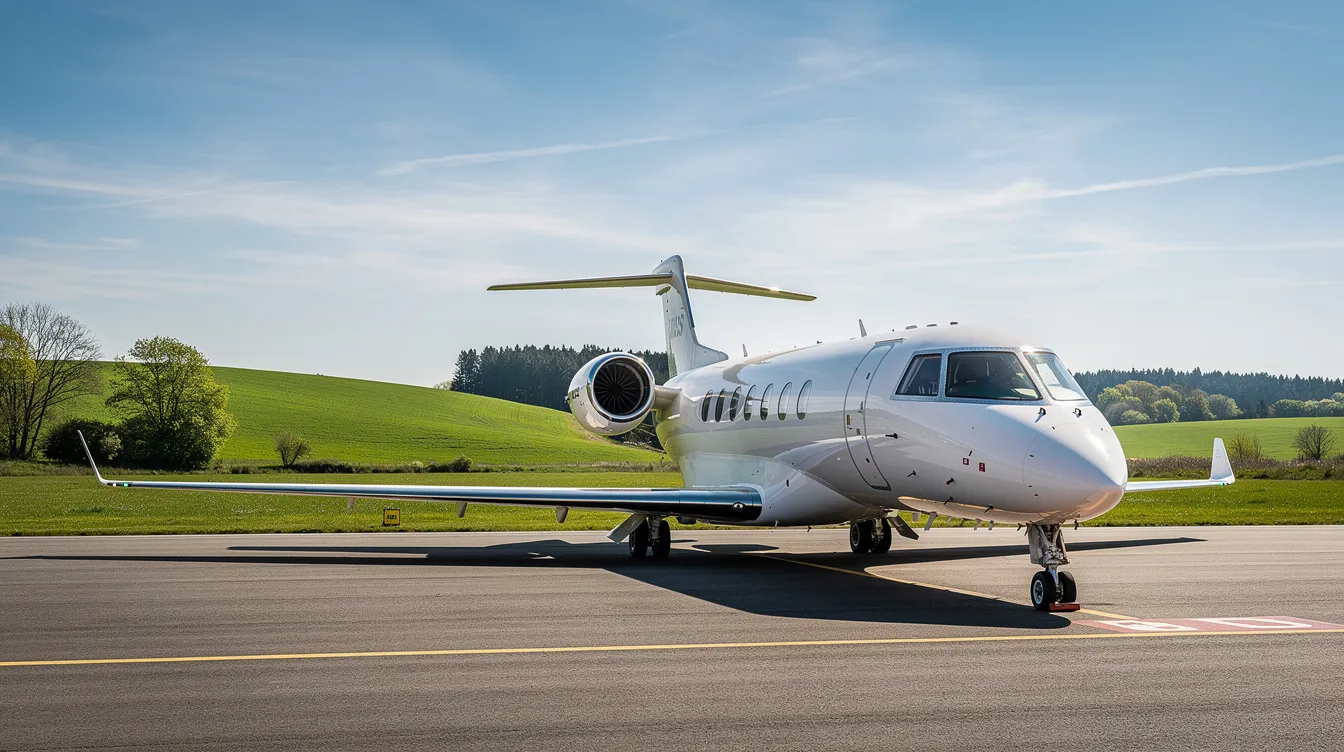 A sleek private jet is positioned on a runway, surrounded by a lush green landscape under a clear blue sky, showcasing the elegance of general aviation. The aircraft, equipped with advanced jet engines, stands ready for flight, highlighting the efficiency and power of modern aviation technology.