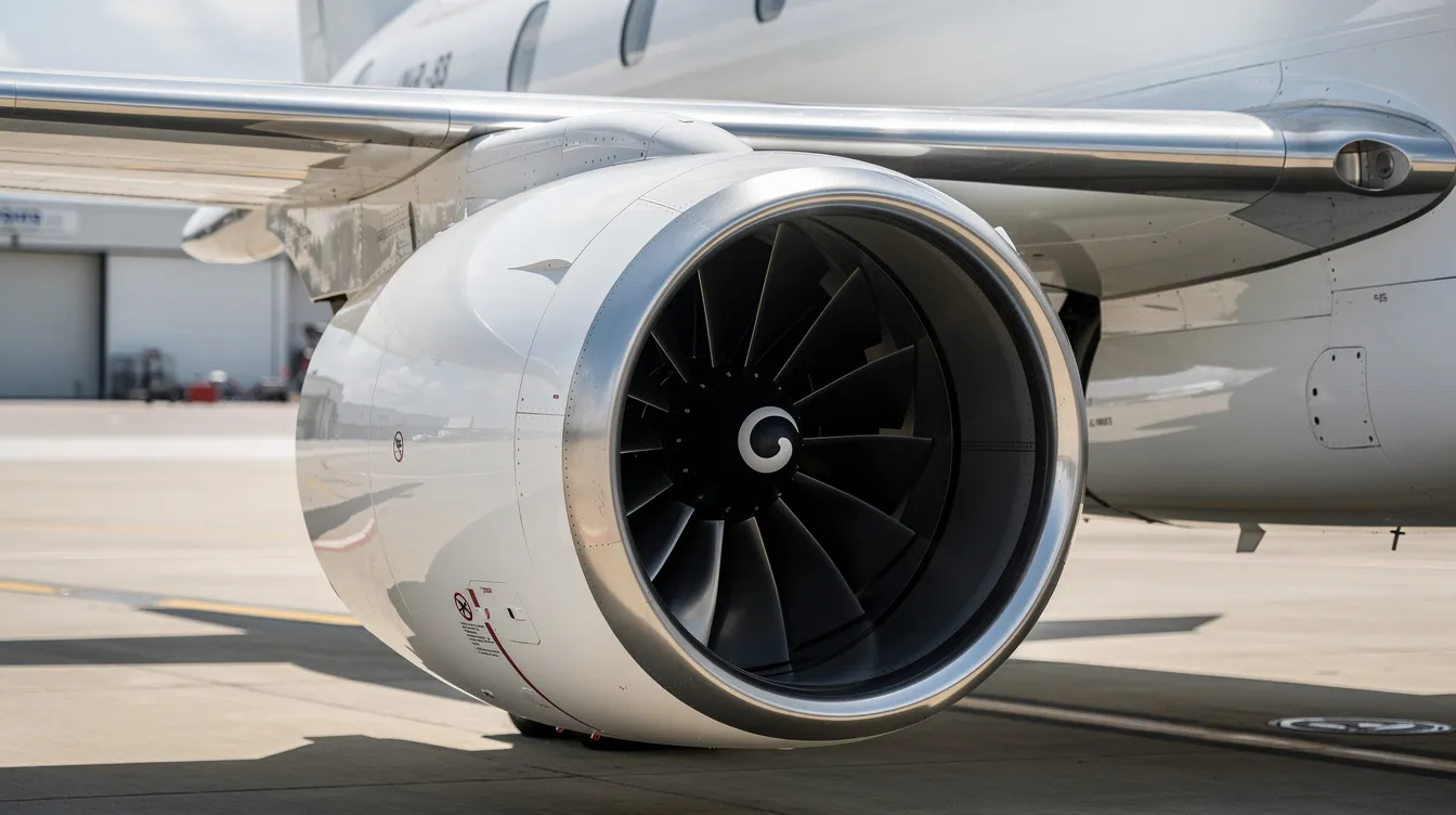 A close-up view of a large turbofan engine mounted on a business jet wing showcases the intricate design of the fan blades and nacelle, highlighting the engine's components that contribute to its efficient performance in aviation. The image emphasizes the importance of aircraft engines in providing the necessary power and fuel efficiency for flight.