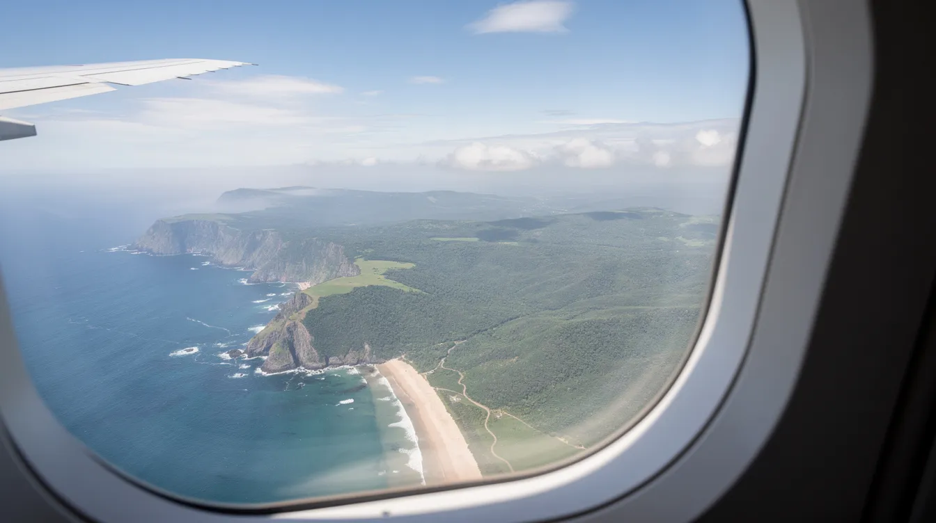An aerial view from a private aircraft window captures a lush green coastline, stretching along the water's edge, as the aircraft cruises at a high altitude, likely around the transonic range where air density begins to thin. The scene highlights the beauty of the landscape below while hinting at the complexities of high-speed flight and the effects of air pressure and temperature on aircraft performance.