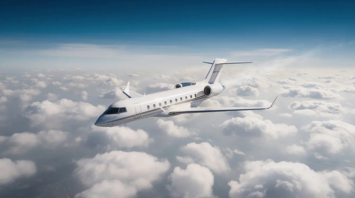 A private jet is soaring at high altitude above a sea of scattered clouds under a clear blue sky, likely achieving speeds that approach or exceed the speed of sound, indicating a potential mach number in the supersonic range. The thinner air at this altitude contributes to the aircraft's performance as it navigates through high-speed flight conditions.