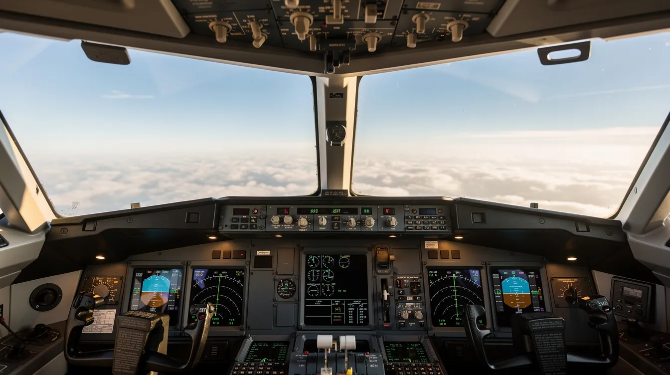 The image captures a view from an aircraft cockpit, showcasing various flight instruments against a backdrop of a bright horizon. This perspective highlights the aircraft's performance as it potentially approaches supersonic speeds, with the cockpit's instruments indicating critical parameters such as airspeed and altitude, essential for navigating through different air densities and pressures at sea level.
