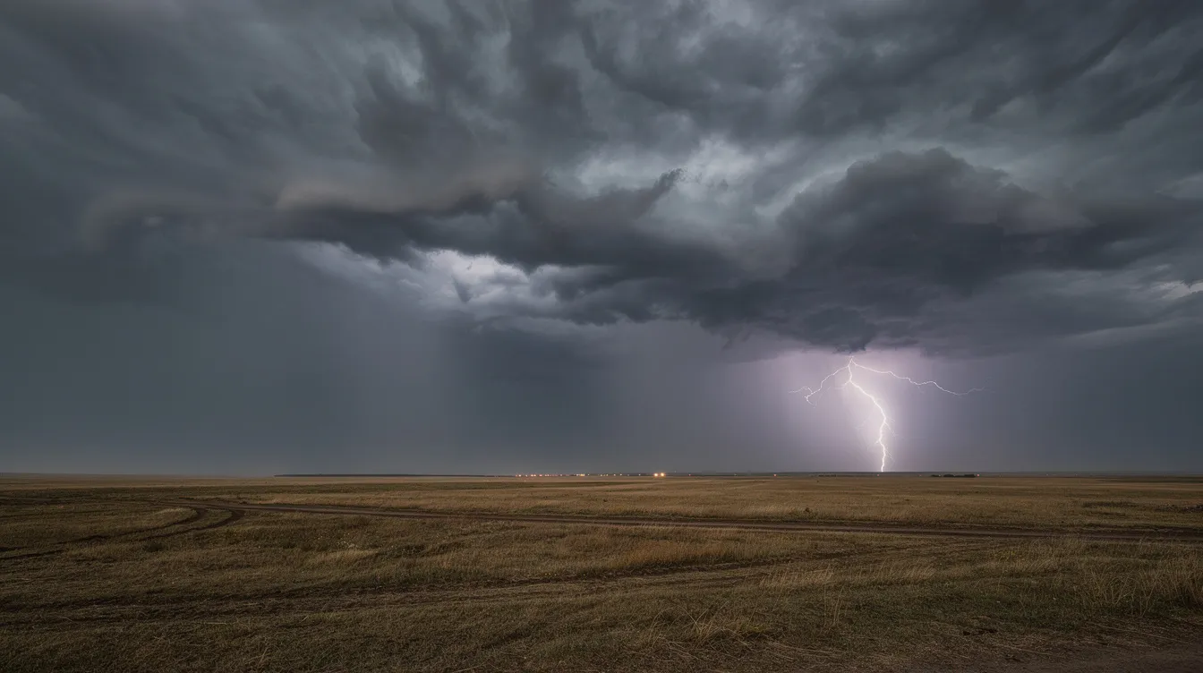 Dark storm clouds loom over a flat landscape, with flashes of distant lightning illuminating the sky, suggesting adverse weather conditions that could impact aviation safety. Such weather increases the risk of aircraft accidents, as pilots must navigate challenging visibility and potential turbulence.