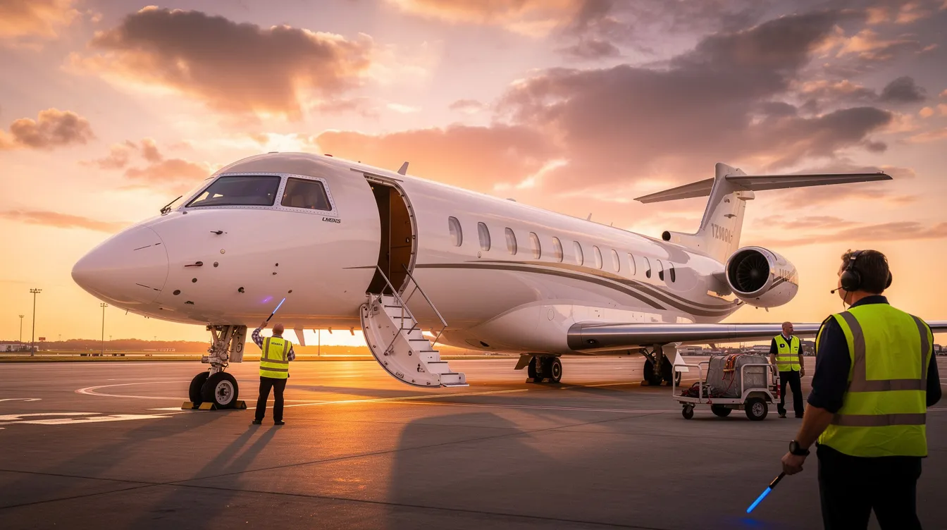 A sleek private jet is parked on the tarmac at sunset, with ground crew members nearby preparing for upcoming flights. The scene highlights the importance of aviation safety and the meticulous work of the flight crew in ensuring safe air travel.