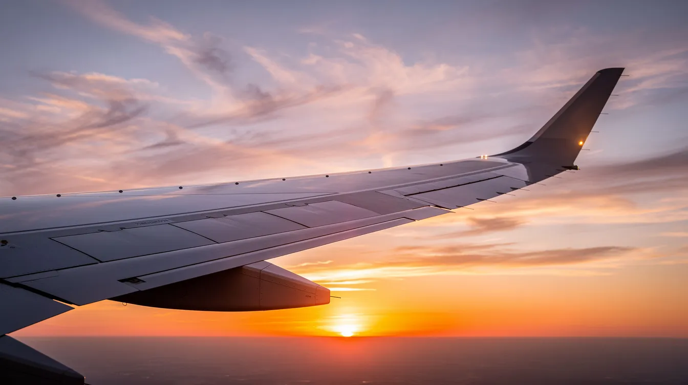 A close-up view of a Boeing 747-8 wing with a raked wingtip is set against a vibrant sunset sky, showcasing the aircraft's innovative design and large wingspan. This image captures the essence of aviation technology, highlighting the aircraft's fuel efficiency and performance as it prepares for its flight test program.