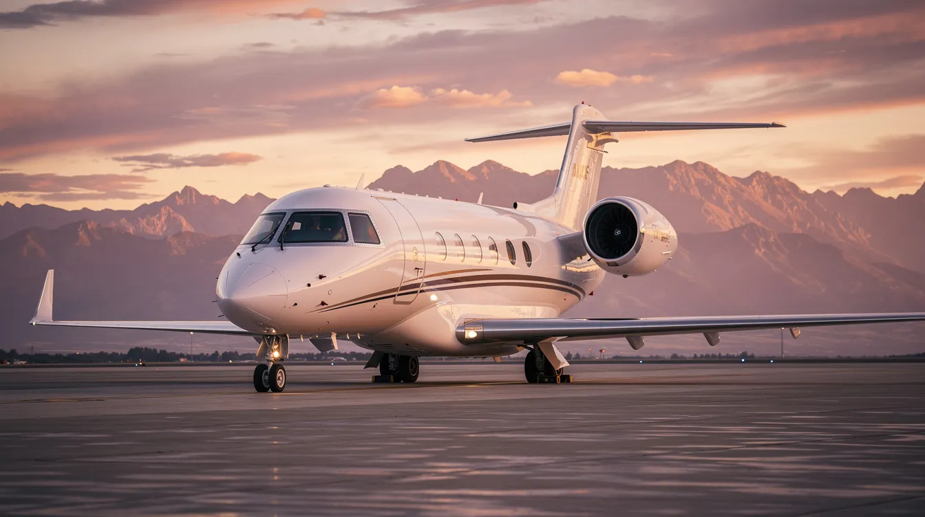 A sleek private jet is parked on a tarmac at sunset, with the silhouette of mountains in the background, showcasing its elegant design and the tranquil atmosphere of the evening sky. The scene captures the essence of aviation luxury and the excitement of flight, reminiscent of the innovative technologies found in modern aircraft like the Boeing 747.