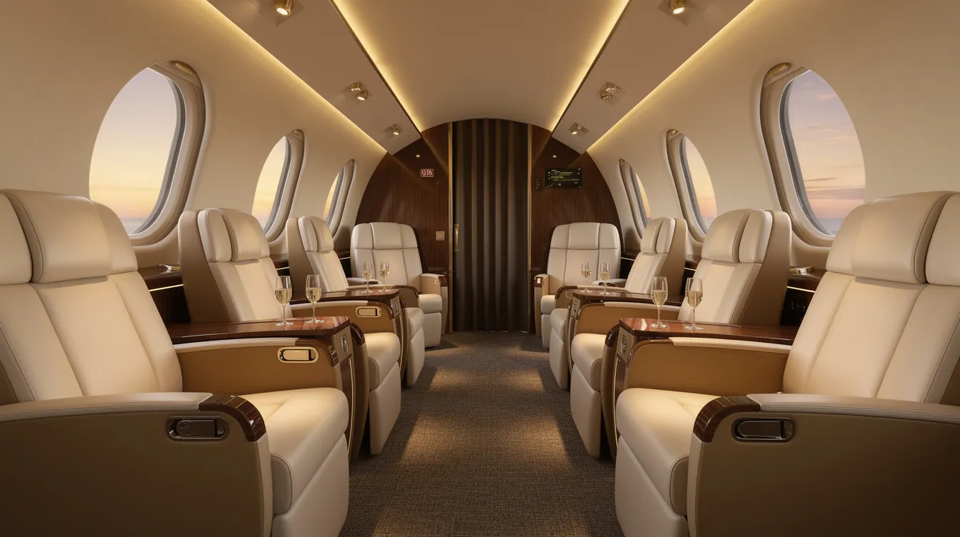 The image depicts a luxurious private jet cabin interior featuring plush leather seats and soft ambient lighting, creating an elegant and comfortable atmosphere for passengers. This sophisticated space showcases innovative design elements typical of high-end aviation, reminiscent of the Boeing 747's spacious configurations.