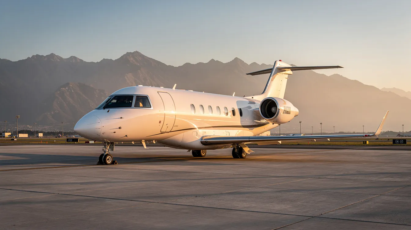 A sleek white private jet is parked on a tarmac during golden hour, with majestic mountains in the background, creating a serene and luxurious atmosphere. The scene captures the essence of travel and adventure, reminiscent of the experiences offered by airlines like American Airlines.