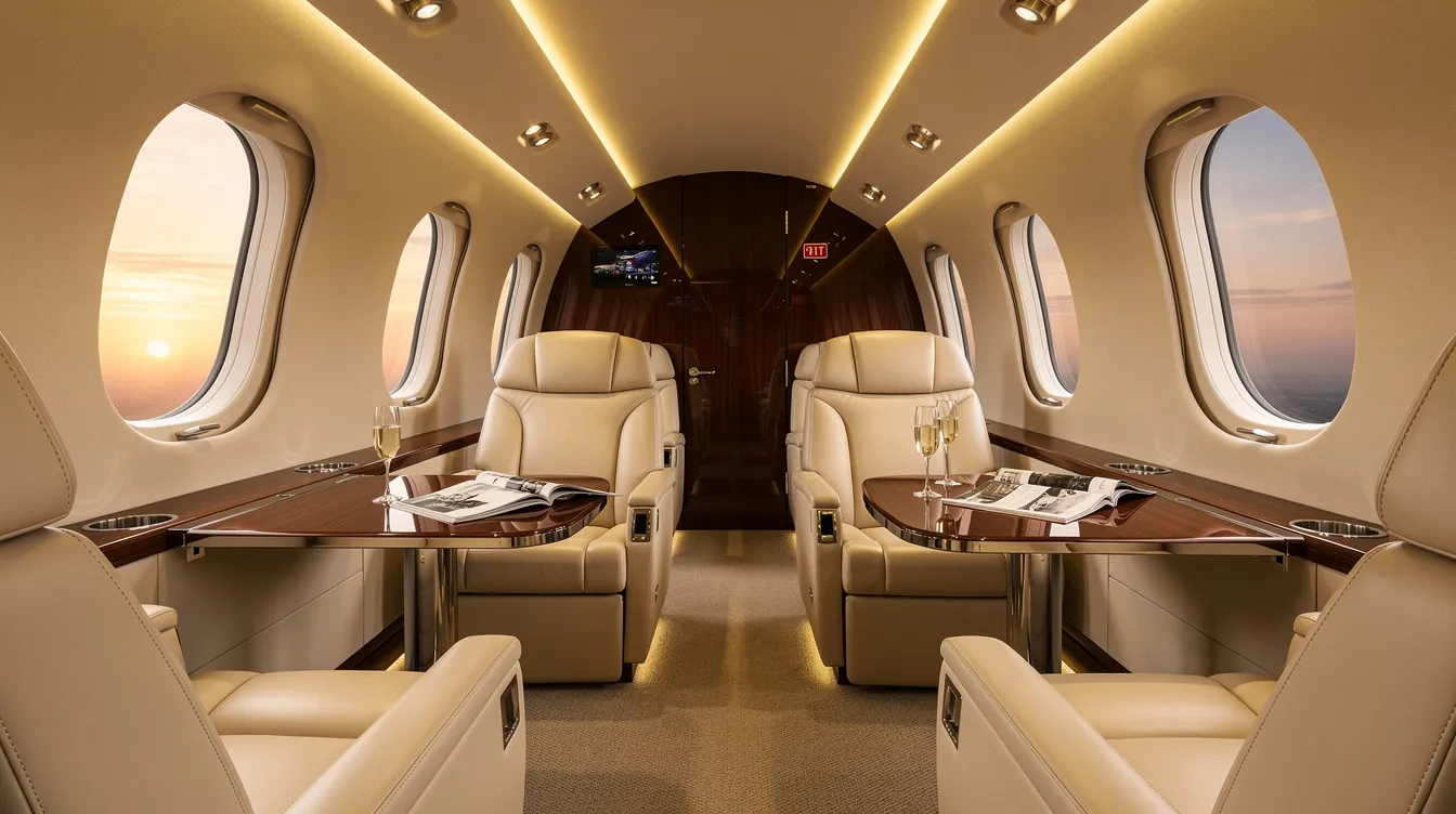 The image depicts the interior of a luxurious private jet cabin featuring plush leather seats and soft ambient lighting, designed to provide comfort for passengers. This opulent space highlights the high standards of service expected from cabin crew, including flight attendants who cater to the needs of frequent flyers.