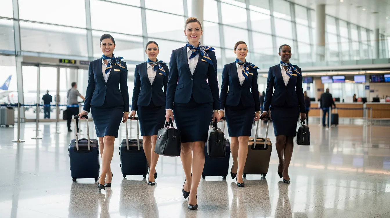 A team of flight attendants in crisp uniforms walks through a bustling airport terminal, showcasing the professionalism of cabin crew in commercial aviation. Their coordinated appearance highlights the importance of service and safety in the airline industry, as they prepare for their next flight.
