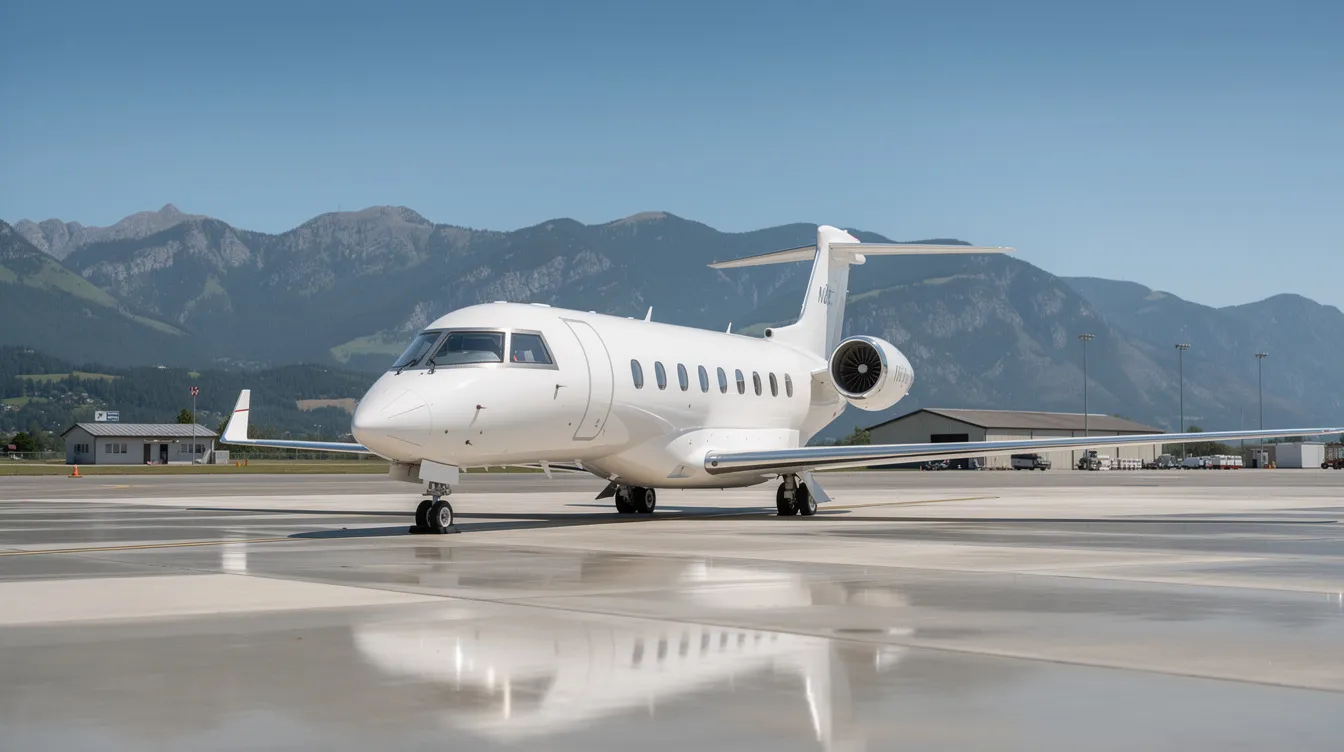 A sleek private jet is parked on the tarmac of a quiet regional airport, with majestic mountains and a clear blue sky in the background, showcasing the elegance of modern aerospace design. This image reflects the world of commercial aircraft and the advanced technology solutions provided by manufacturers like Boeing.