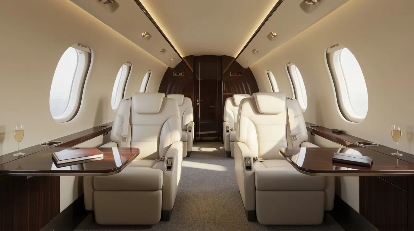 The image depicts the interior of a modern private jet cabin featuring cream leather seats and polished wood accents, illuminated by natural light filtering through oval windows. This luxurious setting highlights the elegance and comfort associated with advanced technology solutions in aviation, reminiscent of the high standards set by companies like Boeing in the commercial aircraft industry.