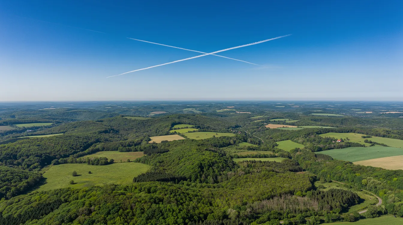 An aerial view captures a vibrant green landscape beneath a deep blue sky, with a single white contrail from a commercial airplane, reminiscent of Boeing's innovative aircraft designs. This scene highlights the harmony between nature and aviation, showcasing the beauty of air travel.