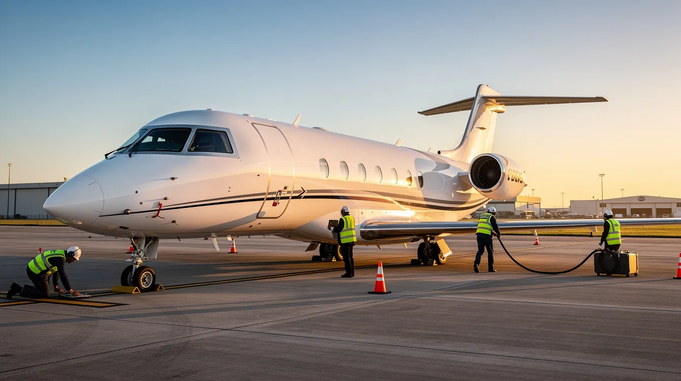 A sleek private jet is parked on a tarmac while ground crew members conduct pre-flight checks on a clear morning, ensuring the aircraft is ready for safe air travel. The scene captures the meticulous preparation that goes into aviation, highlighting the importance of safety in preventing aviation accidents.