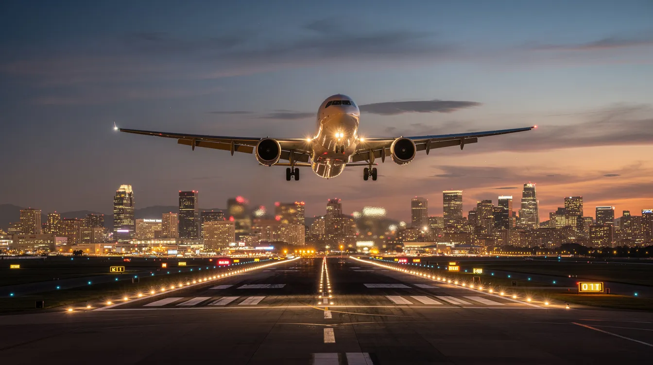 An airplane is captured on final approach, descending toward a runway at dusk, with vibrant city lights illuminating the background. This scene reflects the critical moments of air travel as the aircraft prepares to land safely amidst the bustling urban landscape.
