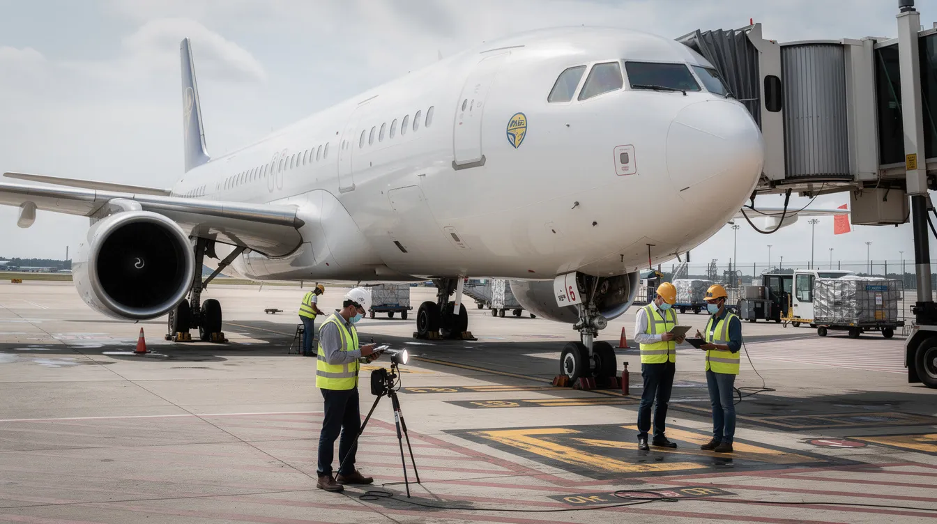 A passenger plane is being meticulously inspected by several auditors, ensuring all systems are functioning properly before takeoff. This thorough check is crucial for maintaining aviation safety and preventing potential aircraft accidents.